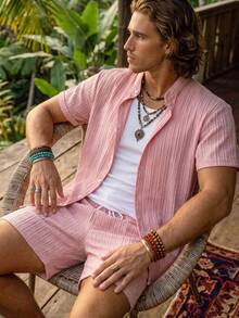Alderstead Men's Plus Size Summer Pink Casual Solid Color Short Sleeve Shirt And Shorts Set,Beach Party Pool Holiday Vacation Hawaii Tropical Swim Bathing Outfit - Pink - View 1