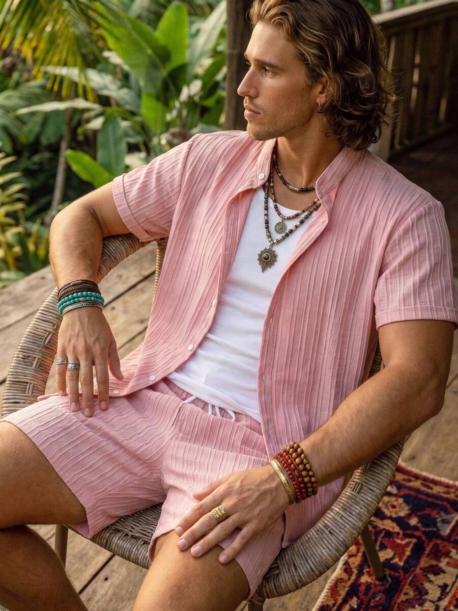 Alderstead Men's Plus Size Summer Pink Casual Solid Color Short Sleeve Shirt And Shorts Set,Beach Party Pool Holiday Vacation Hawaii Tropical Swim Bathing Outfit - Pink - View 1