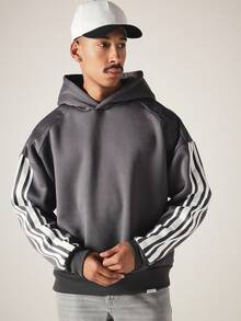 SUMWON Oversized Hoodie With Sleeve Stripe Contrast Detailing Raglan Sleeves Ribbed Hem Pullover Fall Winter Streetwear - Grey - View 5