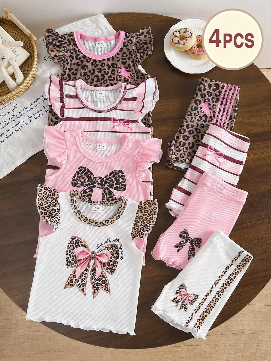 SHEIN Playful Pals 8件套 | 嬰兒女童 0-3歲 春/夏新款休閒日常穿搭,極簡純色不對稱羅紋針織短袖背心 + 短褲組合 - 棕色 - 查看 1