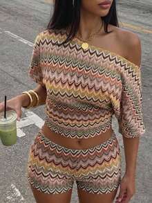 SHEIN SXY Atasan Lengan Pendek Leher Asimetris Bergaris Gelombang Beige Gaya Boho Kasual Liburan Pantai Musim Panas - MultiWarna - View 4
