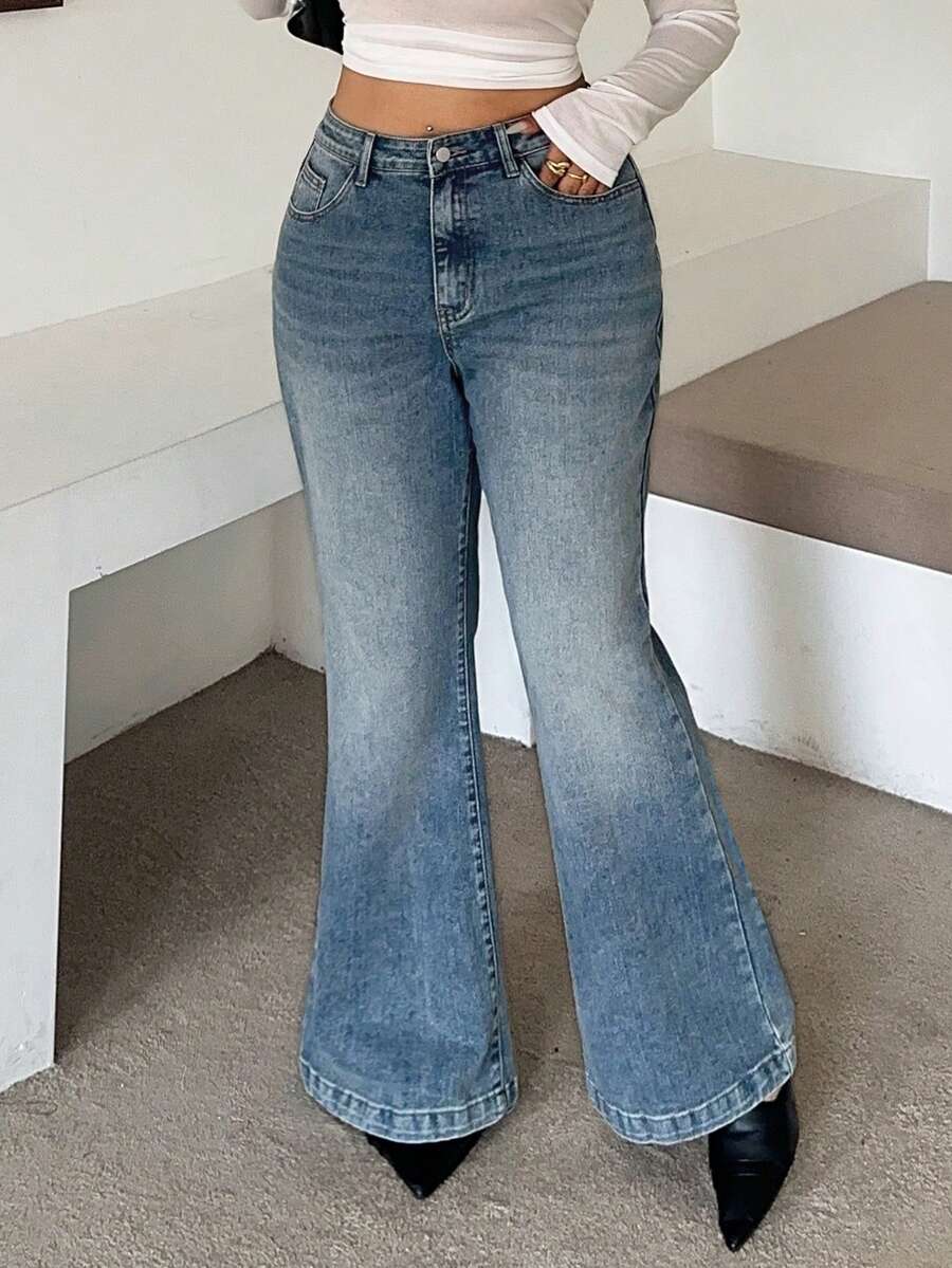 Dazy Plus Two-Tone Washed Distressed Skinny Stretch Flare Jeans, Long All-Season Elegant Denim Pants - Medium Wash - View 1
