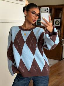 Muchica Nouveau pull col rond motif argyle bleu et marron pour femmes automne/hiver, style décontracté pour brunch - Multicolore - Voir 4