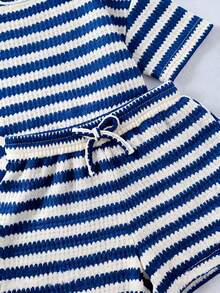 SHEIN Young Girl Striped Short Sleeve T-Shirt And Shorts Casual Set - Blue - View 3