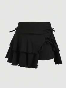 SHEIN 青少年女孩街頭休閒黑色針織純色抽繩抓皺腰蛋糕裙 - 黑色 - 查看 3