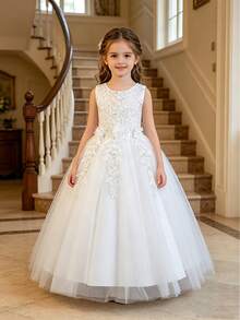 SHEIN Glamorique Kids 女童薄紗亮片刺繡洋裝，生日派對、婚禮花童公主風白色冬季婚禮禮服 - 白色 - 查看 5