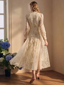 Anewsta Women's Long Sleeve Elegant Lady Embroidered Fabric Mid-Length Mesh Dress - Beige - View 7