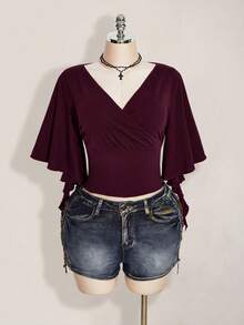 SHEIN ICON Plus Size Women Solid Color V-Neck Pleated Casual Versatile Daily Wear T-Shirt - Maroon - View 4