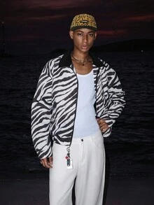 STEELVANCE Men's Casual Jacket, Black And White Zebra Pattern, Zipper Design, Suitable For All Seasons - White - View 1