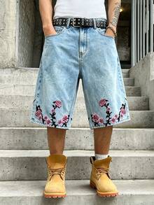 Manfinity EMRG Quần short denim nam phong cách đường phố thường ngày cao cấp thêu họa tiết wash - Rửa nhẹ - Xem 5