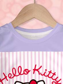 HELLO KITTY AND FRIENDS | SHEIN Kaos Kasual Musim Panas untuk Remaja Perempuan dengan Motif Garis-Garis dan Kartun - Putih - View 3