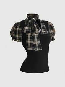 Sweetness Sexy Y2K Millennium Style Full Print Petal Sleeve Ruffle Design With Scarf Collar Women's T-Shirt - Black - View 1