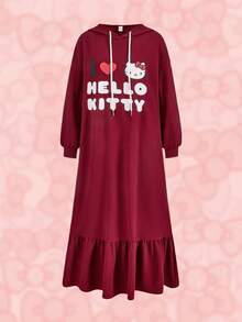 HELLO KITTY AND FRIENDS | SHEIN فستان نسائي كاجوال طويل مطبوع برسوم كرتونية وشعارات, ذو كتفين متساقطين ومنفض, بخصر مشدود بحبل وقلنسوة, مناسب للربيع والخريف - عنابي اللون - مشاهدة 1