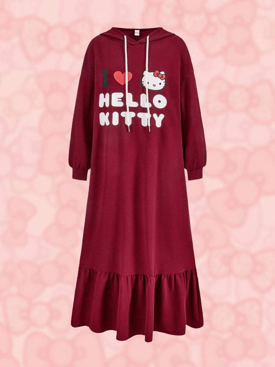 HELLO KITTY AND FRIENDS | SHEIN فستان نسائي كاجوال طويل مطبوع برسوم كرتونية وشعارات, ذو كتفين متساقطين ومنفض, بخصر مشدود بحبل وقلنسوة, مناسب للربيع والخريف - عنابي اللون - مشاهدة 1