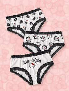 HELLO KITTY AND FRIENDS | SHEIN Celana Dalam Wanita Motif Kartun Huruf dengan Renda Kontras - Hitam dan Putih - View 1