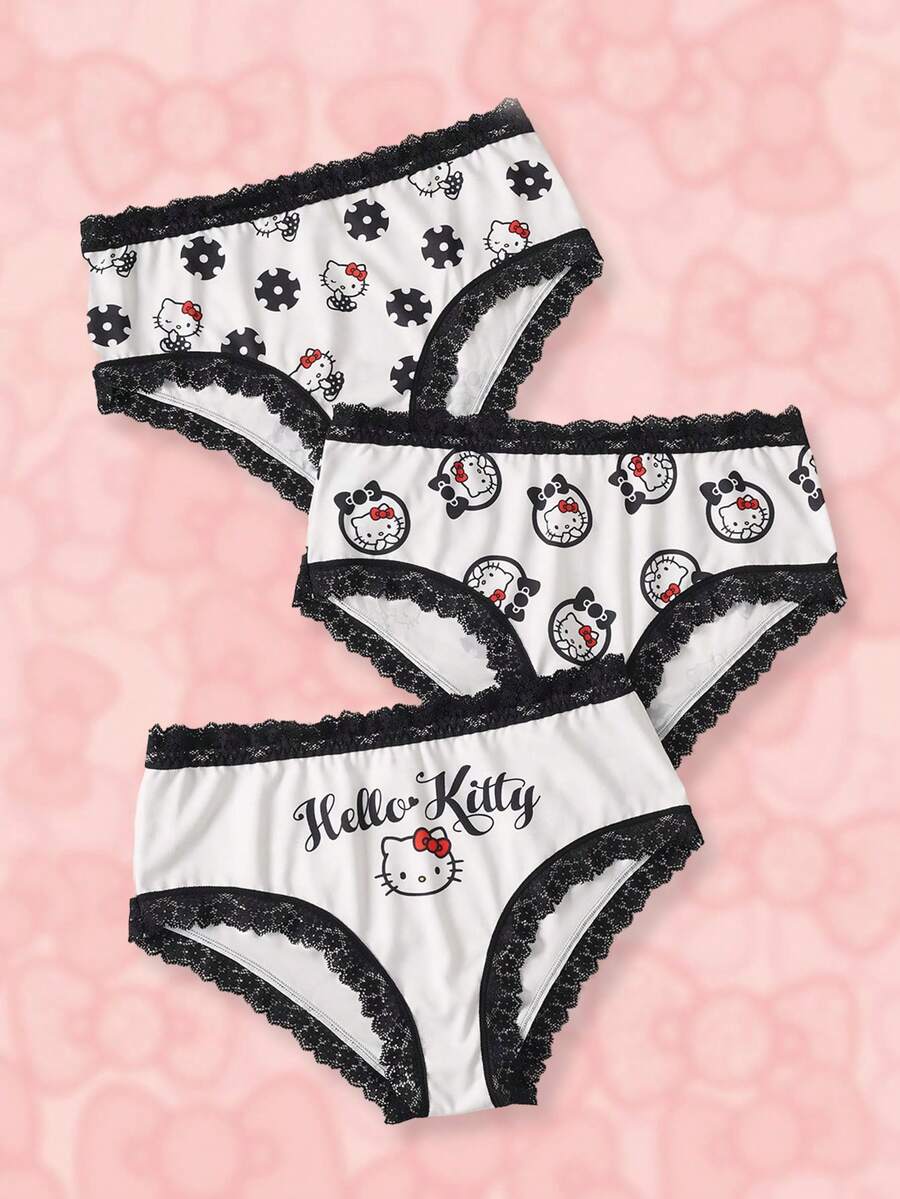 HELLO KITTY AND FRIENDS | SHEIN Celana Dalam Wanita Motif Kartun Huruf dengan Renda Kontras - Hitam dan Putih - View 1