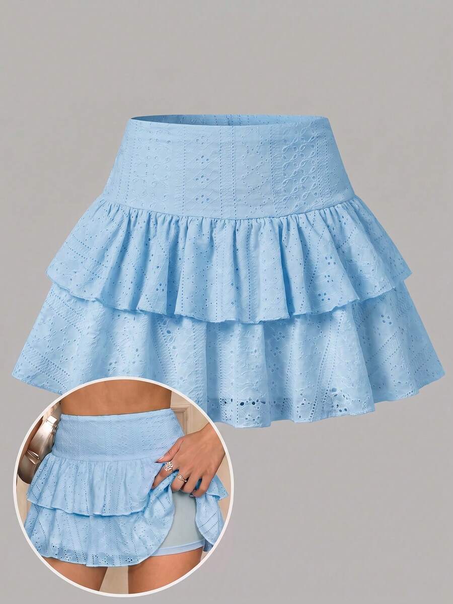 SHEIN Girlism 兒童青少年女孩百褶休閒工裝百搭日常穿著裙褲 海灘藍 秋季 - 藍色 - 查看 1