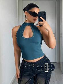 Flirla Women's Solid Color Rivet Design Cutout Slim Fit Halter Neck Tank Top - Blue - View 5