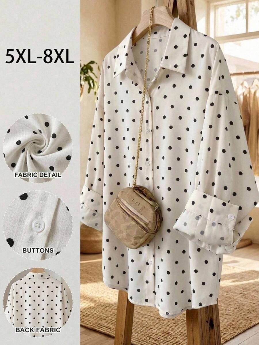 SHEIN CURVE+ قميص كاجوال بطبعة نقاط بولكا مقاس كبير للربيع/الخريف
