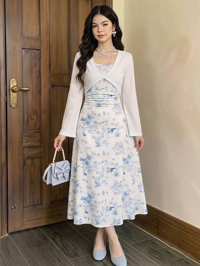 Setelan 2 Potong untuk Remaja Perempuan: Gaun Midi A-Line Lengan Panjang Terbuka Depan Warna Putih dengan Motif Bunga Putih & Biru Muda dan Tali Bahu Tipis, Cocok untuk Liburan, Perjalanan, dan Pantai.