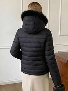 DAZY Women's Solid Color Plush Hooded Zip-Up Casual Daily Winter Padded Coat Fall Jacket - Black - View 13