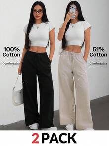 SHEIN PETITE 女款純色腰綁帶口袋長褲，舒適，適合春、夏、秋、冬 - 彩色 - 查看 7