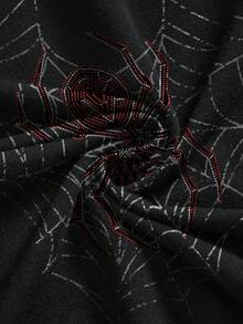 ROMWE Grunge Punk Spider Web Punk Dark Halloween Horror Gothic Goth Streetwear T-Shirt Going Out Night Out Black And White Checkered Summer - Black - View 4