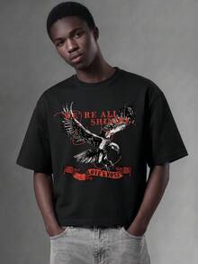 Salvezio American Vintage Western Raptor Falcon Fashion Print Men's Black Standard Size Cropped Loose Fit Short Sleeve T-Shirt - Black - View 4