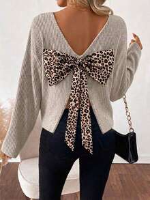 Holdful Holdful Women's Leopard Print Bow Decor Drop-Shoulder Long Sleeve T-Shirt - Apricot - View 1