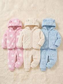 Cozy Pixies 女嬰連帽抓絨外套與遮肚長褲2件套，中厚款 - 粉色 - 查看 1