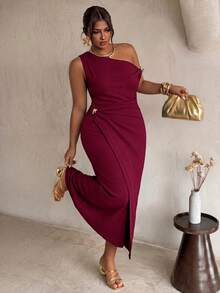 Firerie Brown Fitted Asymmetrical Shoulder Metal Decor Cinched Waist Bodycon Plus Size Women Long Dress/Elegant Commute Office Workplace Outfit Siren Style High-End Banquet Outfit Metal Buckle Decor Wrap-Around Long Dress/Prom/Wedding Season/Valentine's Day/Party/Sexy/Commute/Elegant Romantic/Birthday Party Outfit - Burgundy - View 2