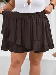 SHEIN CURVE+ Curve Size US22Music Festival, Seaside Vacation, Bohemia Women Solid Color Ruffle Hem Loose Shorts - Brown - View 9