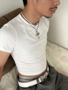 Manfinity Dauomo 男士休閒街頭風百搭純色修身T恤 白色 夏季度假夜店風 - 白色 - 查看 3