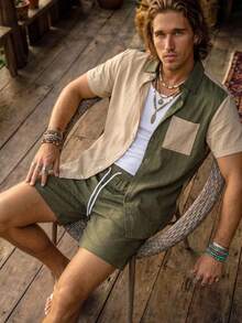 Genlund Plus Size Men's Color Block Shirt And Shorts Beach Outfit Plus Size Men Short Sets Men Short Sets Vacation Men's Summer Clothes Set, Holiday - Multicolor - View 5