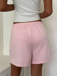 SHEIN EZwear 夏季寬鬆休閒粉色抽繩腰貼布設計運動短褲 - 粉色 - 查看 6