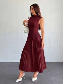 SHEIN PETITE 女款優雅百褶修身A字洋裝 - 酒紅色 - 查看 7
