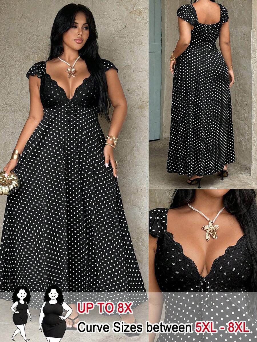 SHEIN CURVE+ Plus Size Spring/Summer Elegant Sexy Lace Polka Dot Fitted A-Line Elegant Cute Vintage Ruffle Sleeve Women's Dress Sheer A-Line Short Sleeve Cute Women's Dress Suitable For Vacation Casual Dating Party Gathering Wear Summer FIT+ Plus Size Women's Extra Long Dress - Black - View 1