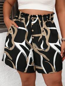 Comfylo Plus Size Women's Button Design Pocket Asymmetrical Striped Print Shorts - Multicolor - View 1