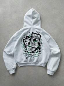 Manfinity ZONE917 Boxy Streetwear Loose Fit Colorful Poker Ace Of Spades Graffiti Ink Print Grey Short Hoodie - Light Grey - View 1