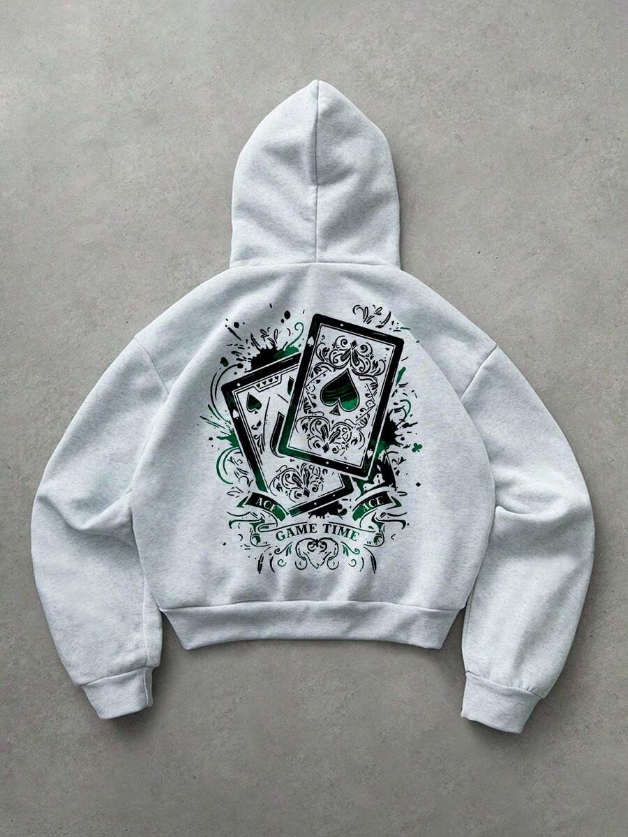 Manfinity ZONE917 Boxy Streetwear Loose Fit Colorful Poker Ace Of Spades Graffiti Ink Print Grey Short Hoodie - Light Grey - View 1