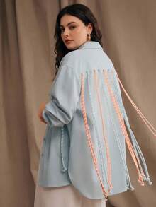 Anewsta Plus Size Women's Spring/Summer New Fringe Decor Long Sleeve Shirt Fall - Blue - View 1