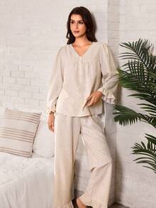 Serenescape Vacation Style Printed V-Neck Lace Trim Long Sleeve Loose Pants Women's Pajama Set - Multicolor - View 4
