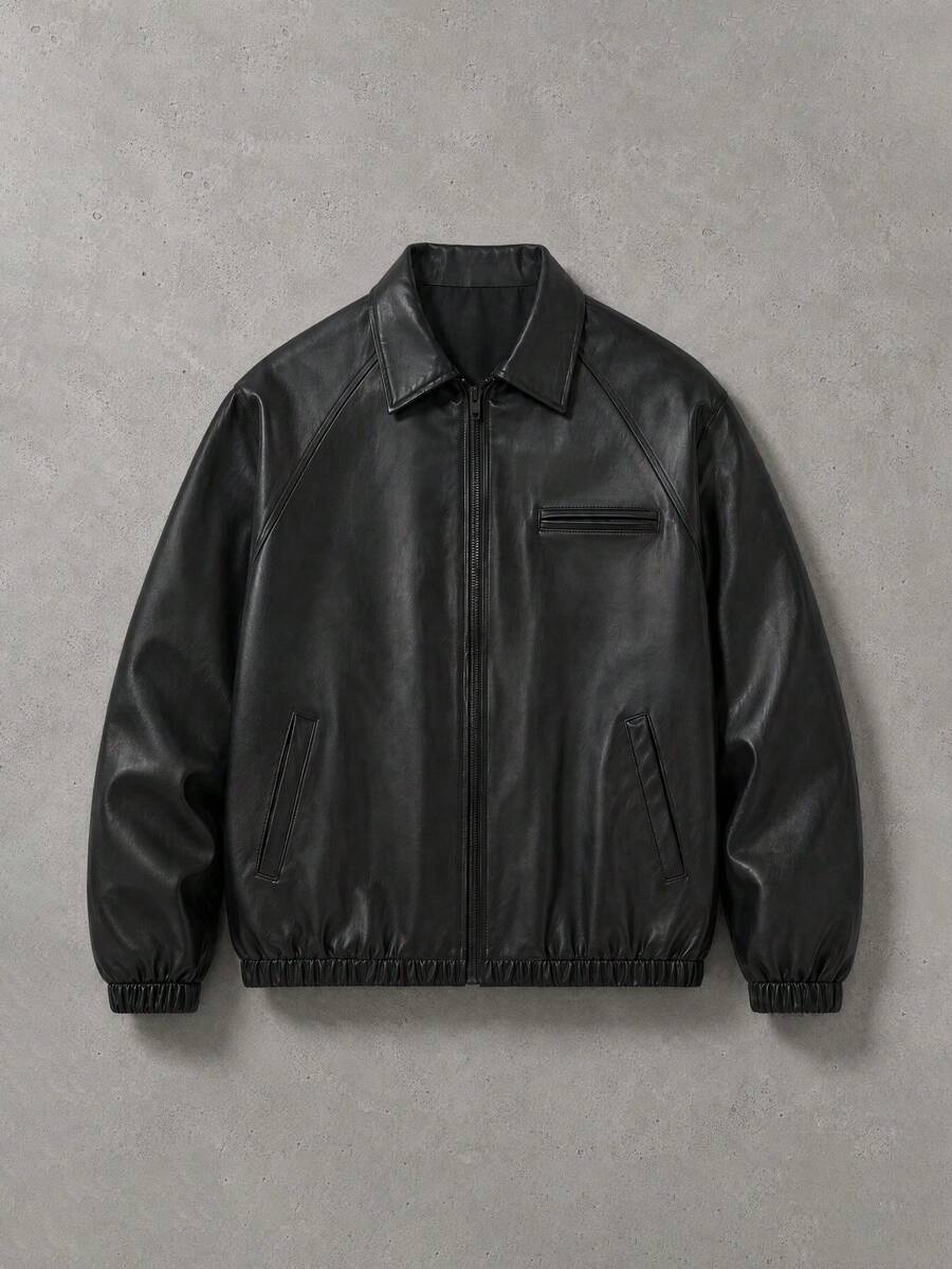 STEELVANCE Men's PU Leather Long Sleeve Zipper Front Casual Jacket - Black - View 1