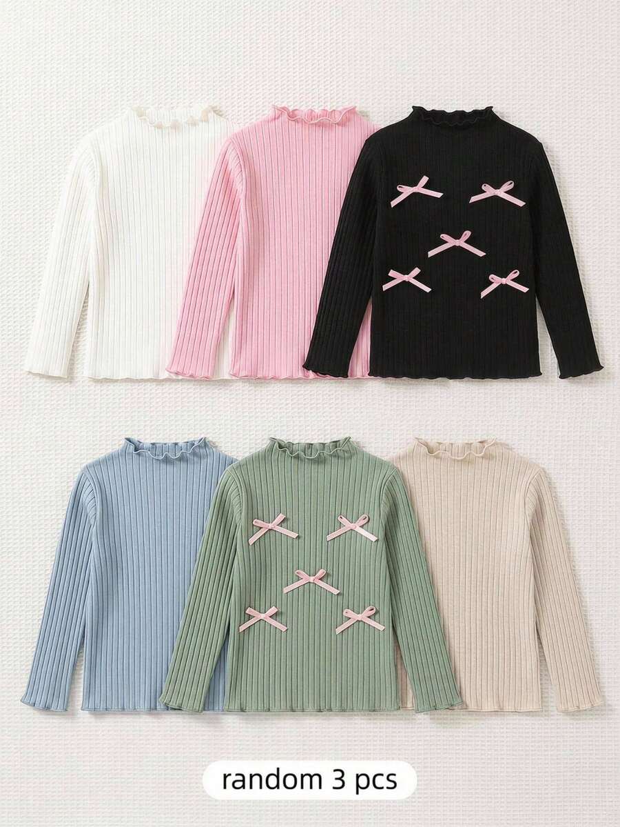SHEIN 女童套裝 3件組 簡約休閒舒適高領長袖T恤套裝 蝴蝶結裝飾 保暖冬季 柔軟可愛 百搭 - 彩色 - 查看 1