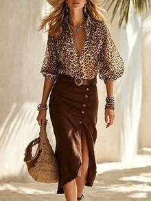 SHEIN Women's Solid Color Slit Design Casual Versatile Daily Skirt - Brown - View 3