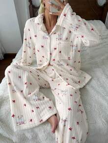 DAZY Winter Cute Bow & Bear Pattern All-Over Print Plush Women's Pajama Set Fall - Blue - View 13
