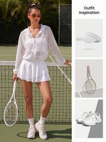 CourtClass CourtClass Áo khoác nỉ kéo khóa có mũ lưới xuyên thấu chống nắng màu trắng cho nữ, dáng rộng bo eo, phong cách fitness thể thao ngoài trời - trắng - Xem 5