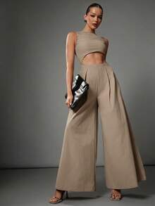 Hauture Sexy Casual Solid Boatneck Gathered Shirred Cut Out Waist Wide Leg Jumpsuit - Khaki - View 6