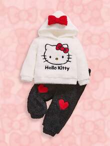 HELLO KITTY AND FRIENDS | SHEIN 2 件套女婴可爱甜美休闲白色卡通猫印花蝴蝶结连帽衫运动衫和黑色爱心运动裤泰迪熊套装 - 黑色 - 查看 1