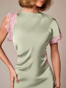 AiiRZ Satin Mini Dress With Pink Lace Cap Sleeves Asymmetric Ruffle Hem Round Neck Party Spring Summer Event Dress - Green - View 6